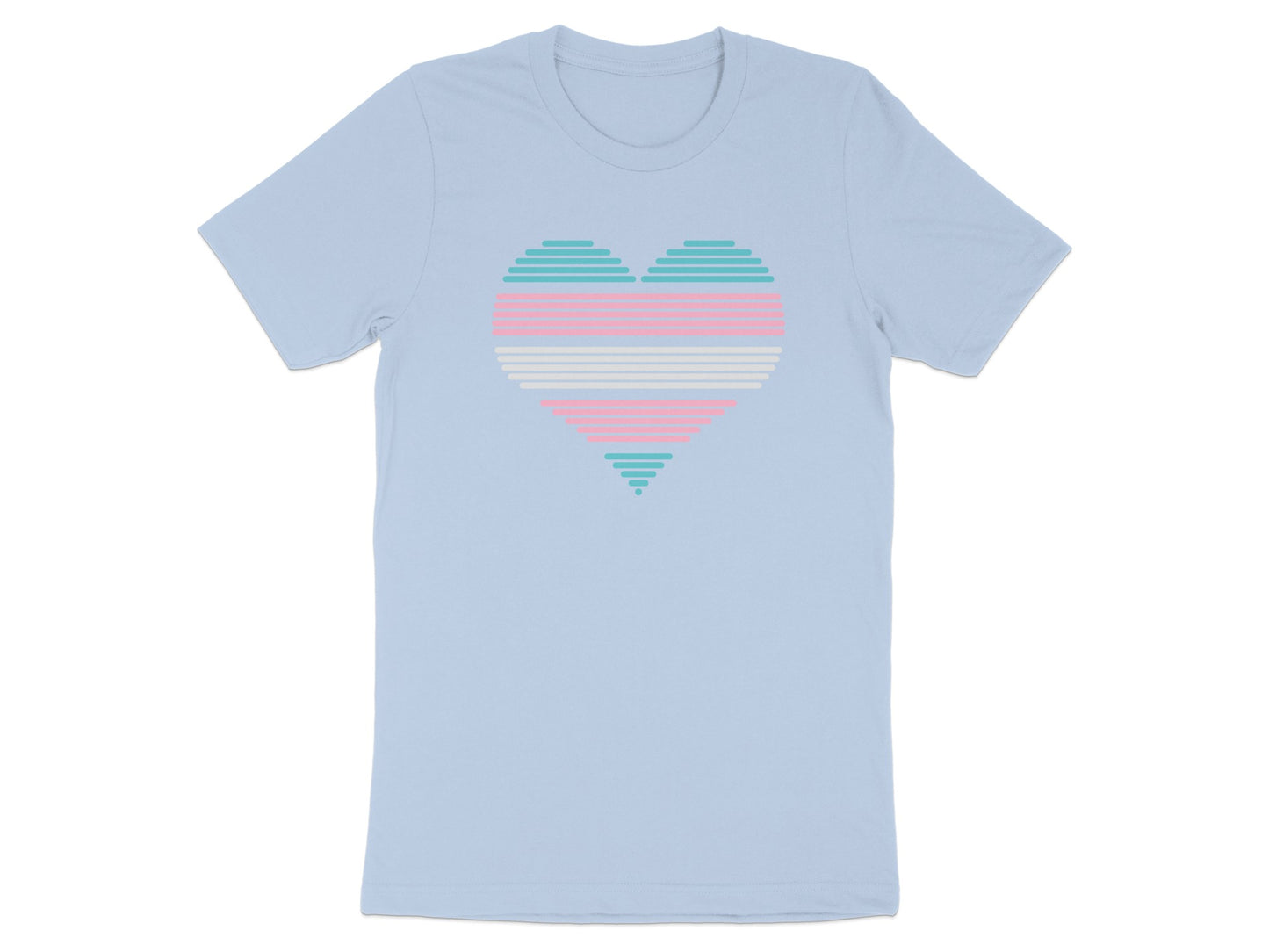 Light blue t-shirt with a striped heart in transgender flag colors.
