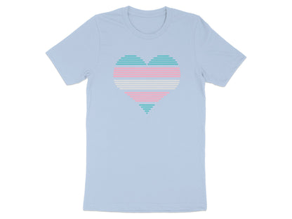 Light blue t-shirt with a striped heart in transgender flag colors.