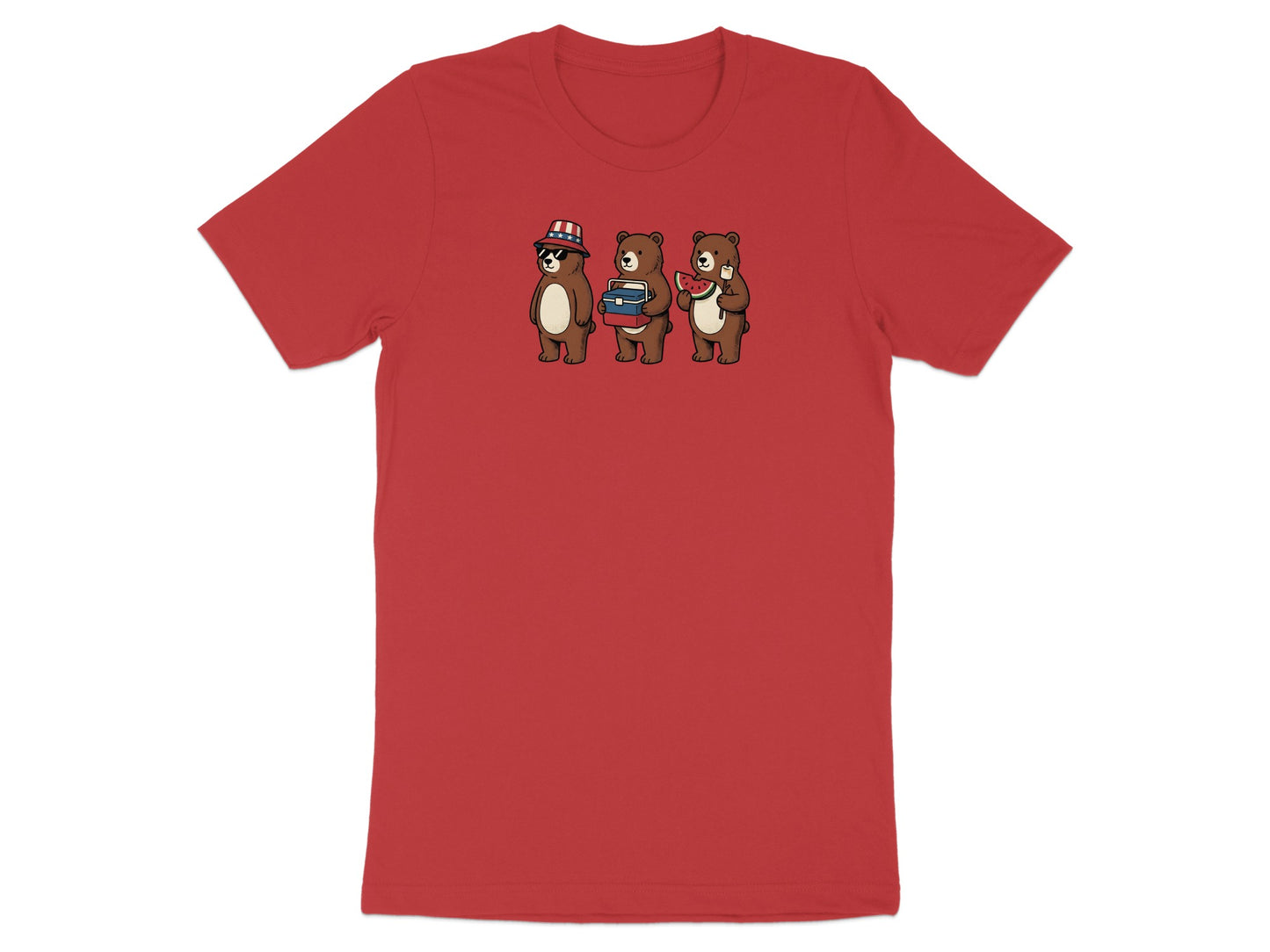 Three cartoon bears wearing festive hats, holding books and watermelon.