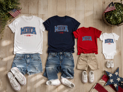 Matching "America" graphic t-shirts and onesies with denim shorts and sneakers.