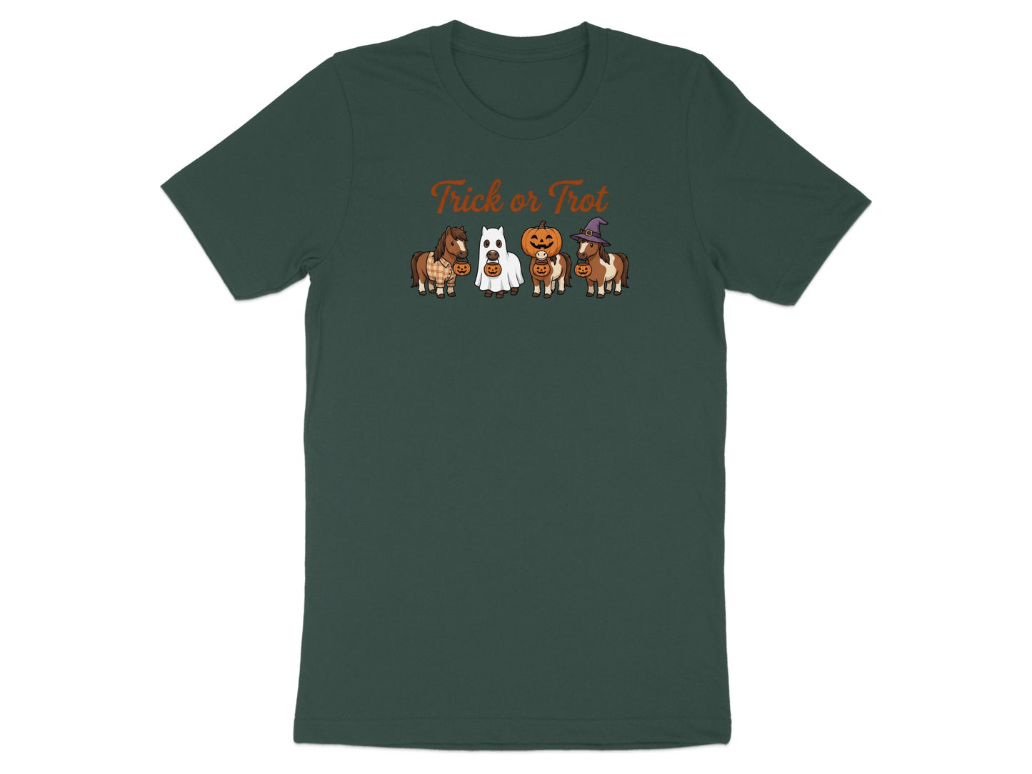 Dark green t-shirt with cartoon ponies in Halloween costumes and pumpkins, text "Trick or Trot".