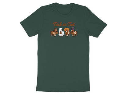 Dark green t-shirt with cartoon ponies in Halloween costumes and pumpkins, text "Trick or Trot".