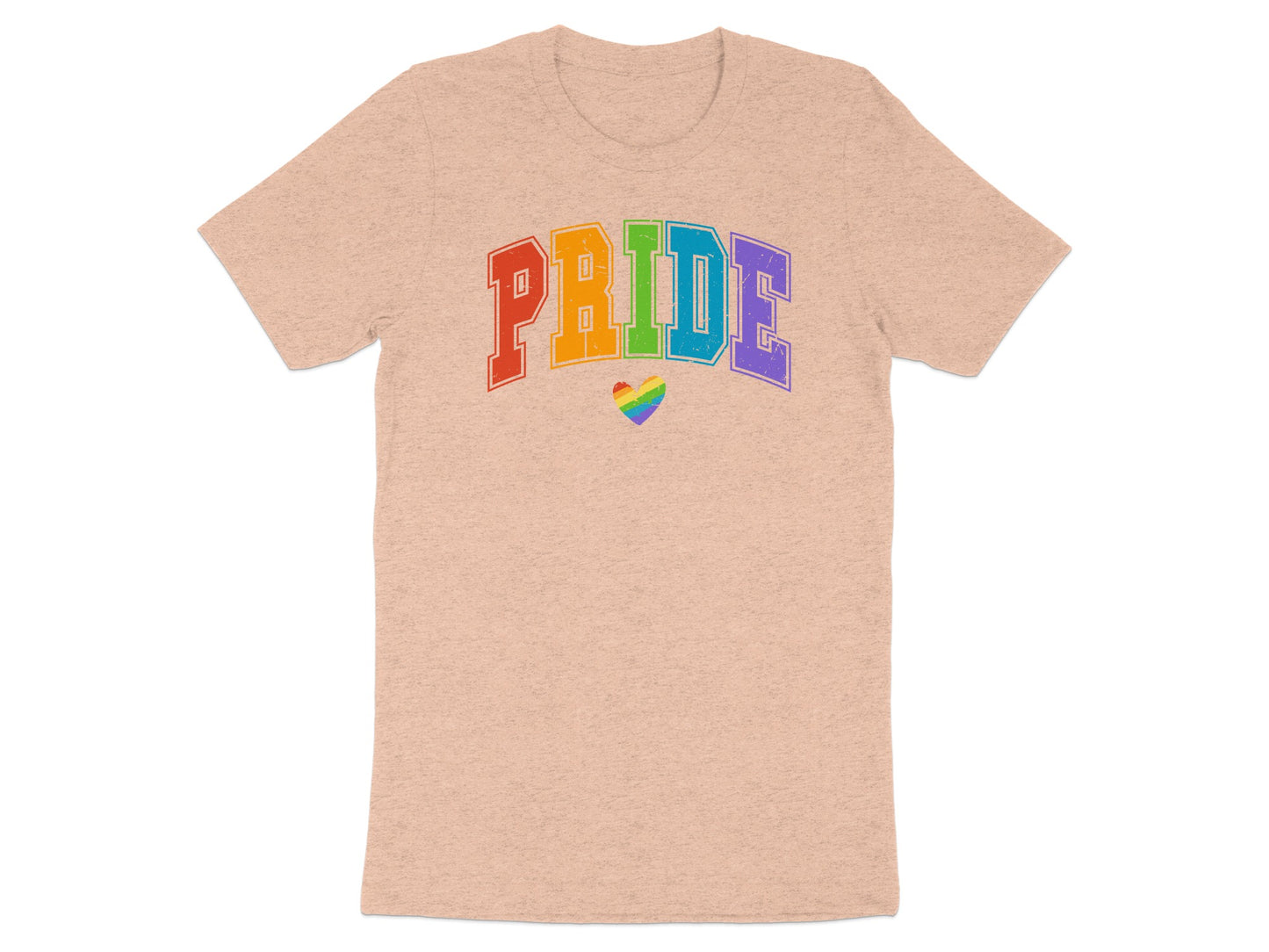 Peach t-shirt with rainbow "Pride" text and a heart.