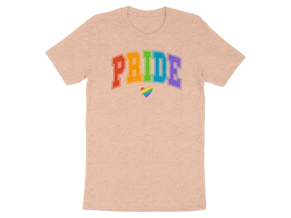Peach t-shirt with rainbow "Pride" text and a heart.