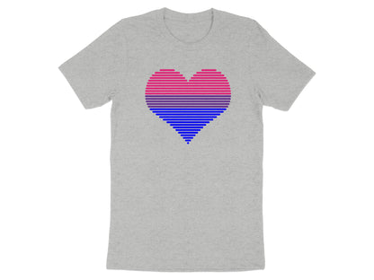 Gray t-shirt with a striped bisexual pride heart graphic.