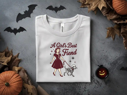 White t-shirt with "A Girl's Best Fiend" text and skeleton dog graphic.