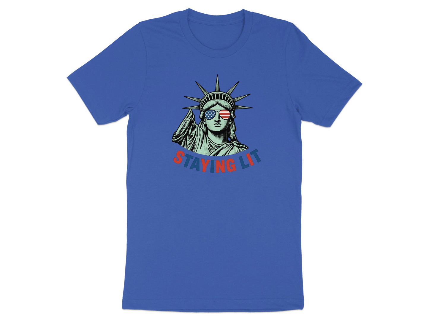 Statue of Liberty wearing sunglasses with "STAYING LIT" text.