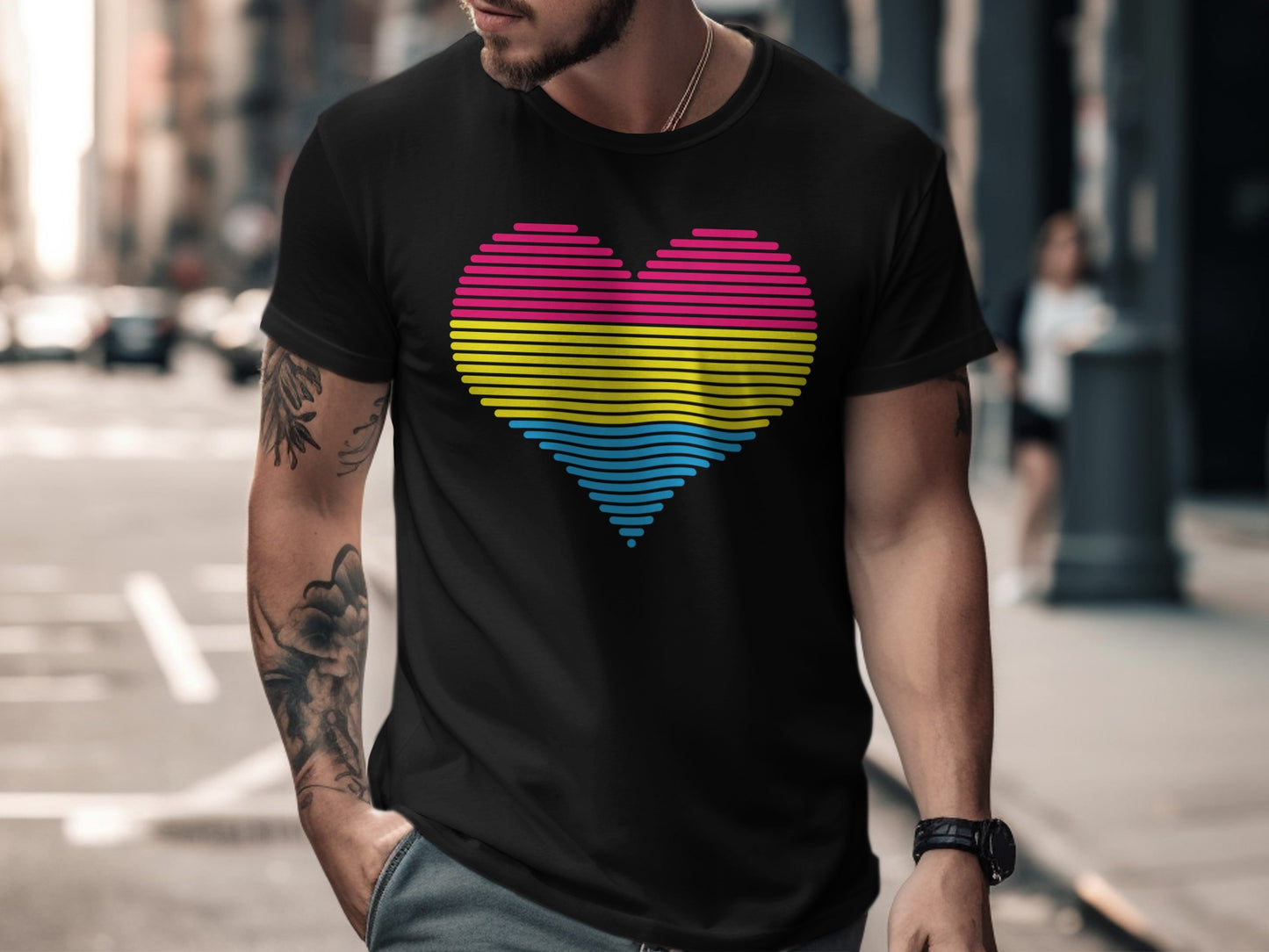 Black t-shirt with horizontal pink, yellow, and blue striped heart design.