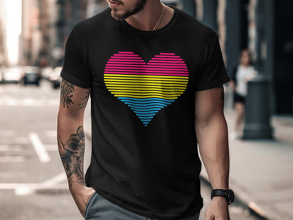 Black t-shirt with horizontal pink, yellow, and blue striped heart design.