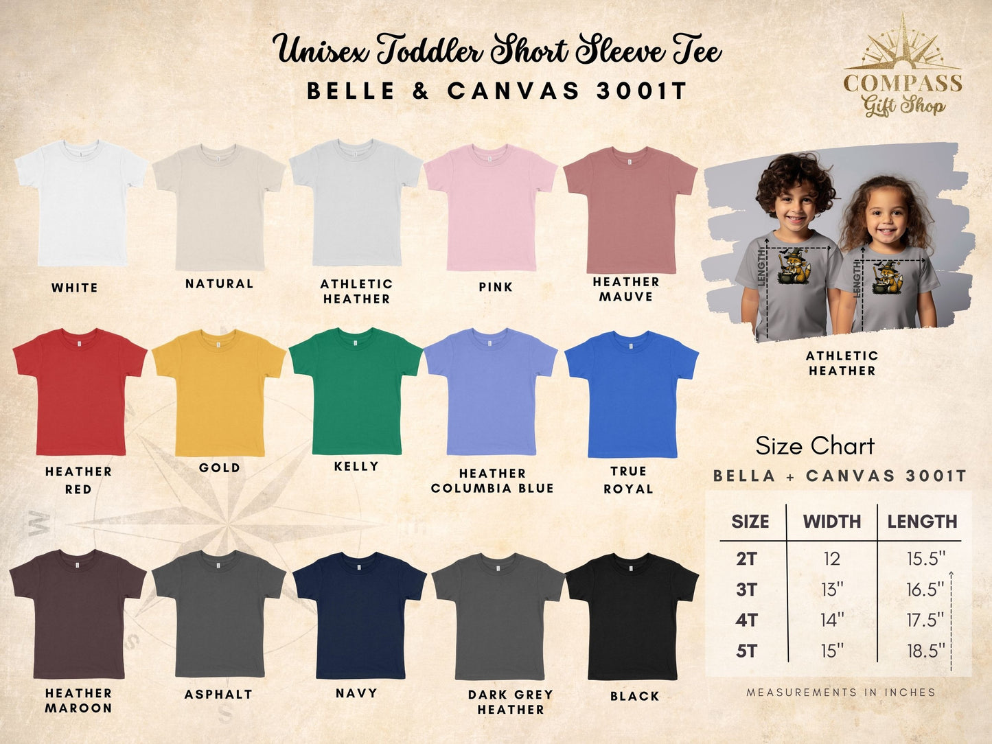 Unisex toddler short sleeve tees in multiple colors with size chart.