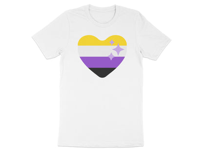 White t-shirt with a non-binary pride heart and sparkles.