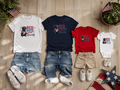 Several "Red White and Rowdy" t-shirts and onesie with denim shorts.