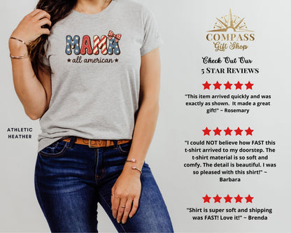 Grey graphic tee with "Mama all American" text and stars, with customer reviews.