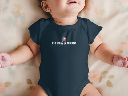 Navy blue baby bodysuit with "250 Years of Freedom" and American flag graphic.