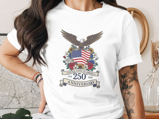 T-shirt with eagle, US flag, flowers, and "1776 2026 Anniversary" text.