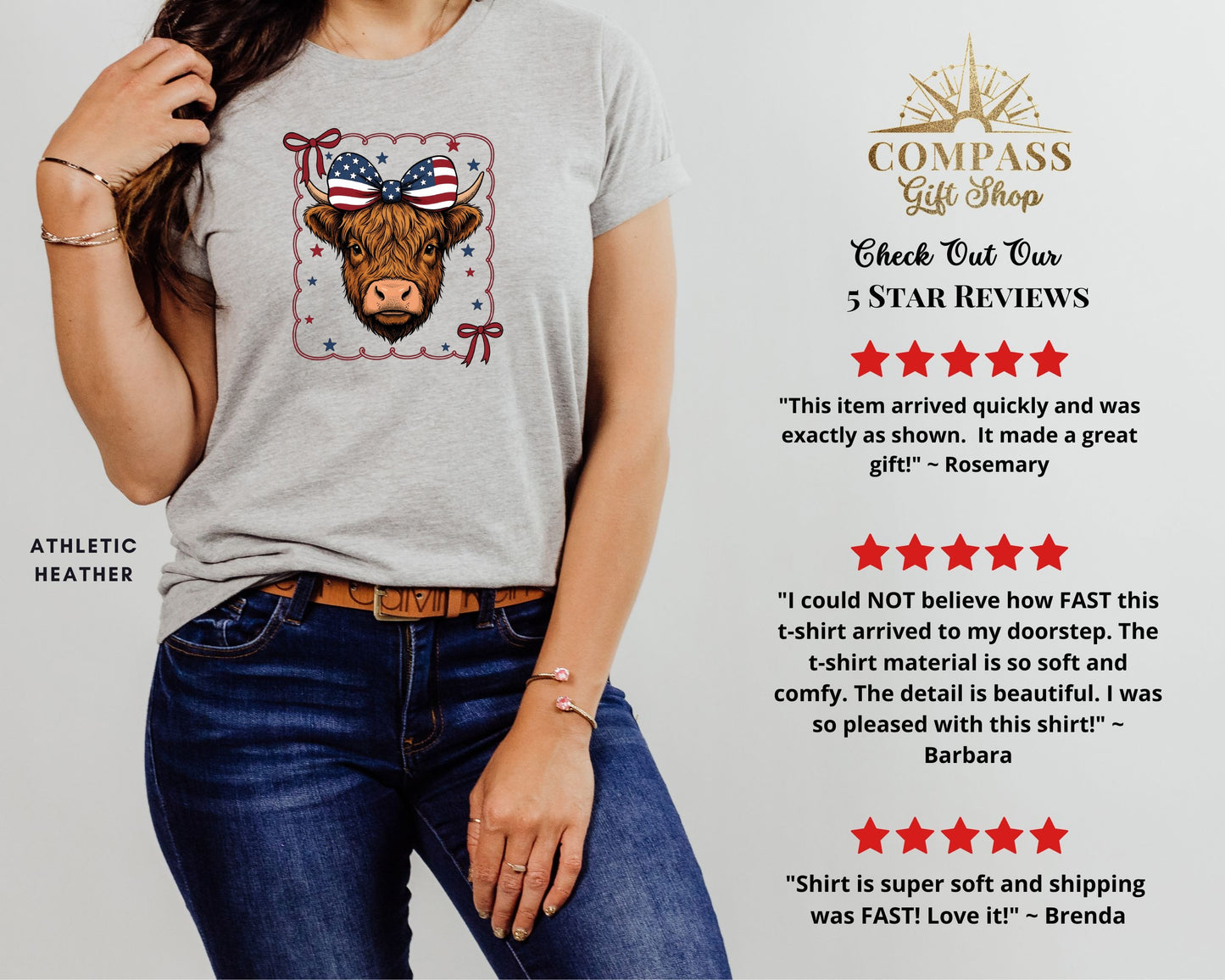 Graphic tee with cow wearing American flag bandana and star accents.