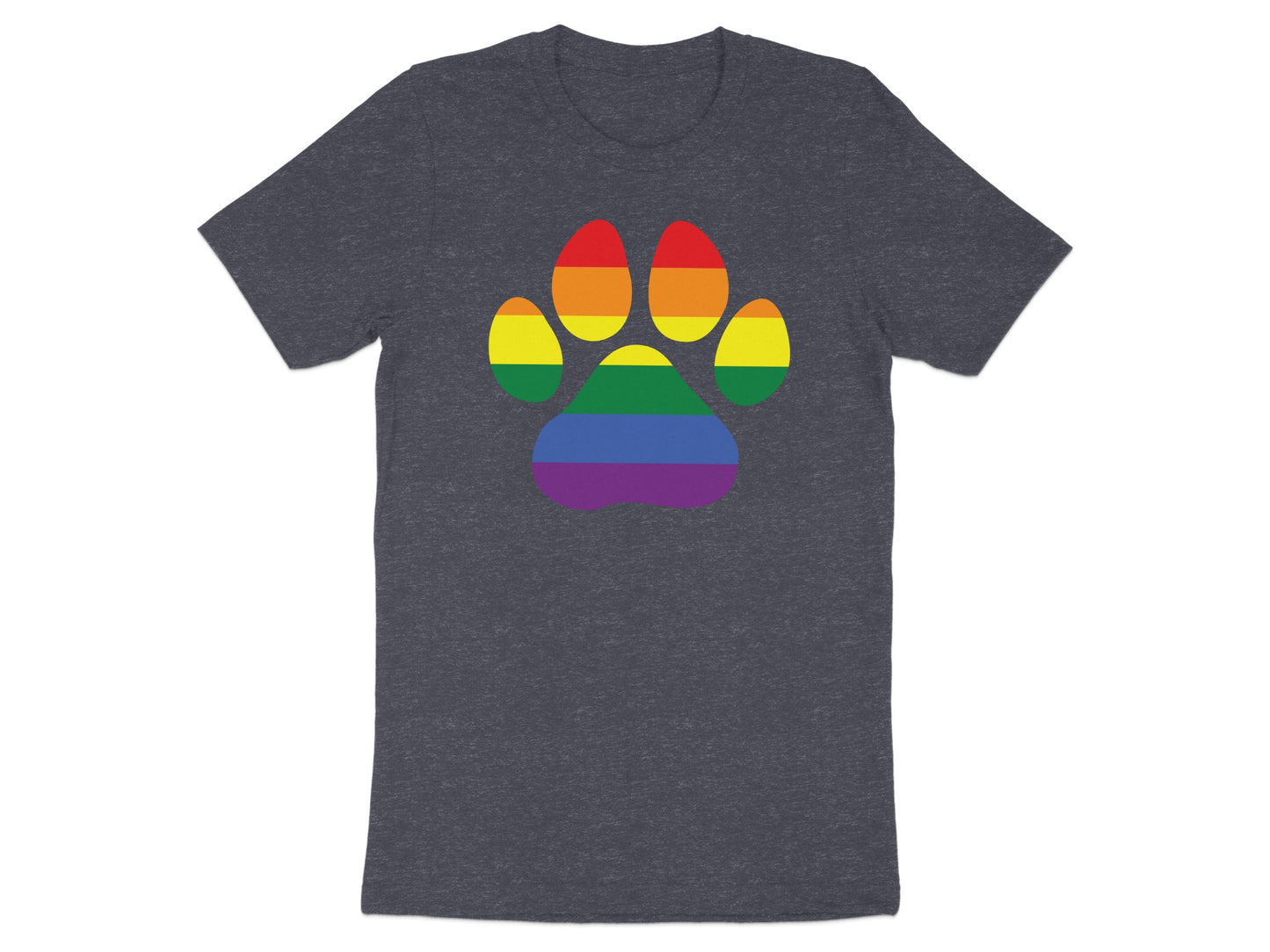 Paw print with rainbow stripes on a dark grey t-shirt.