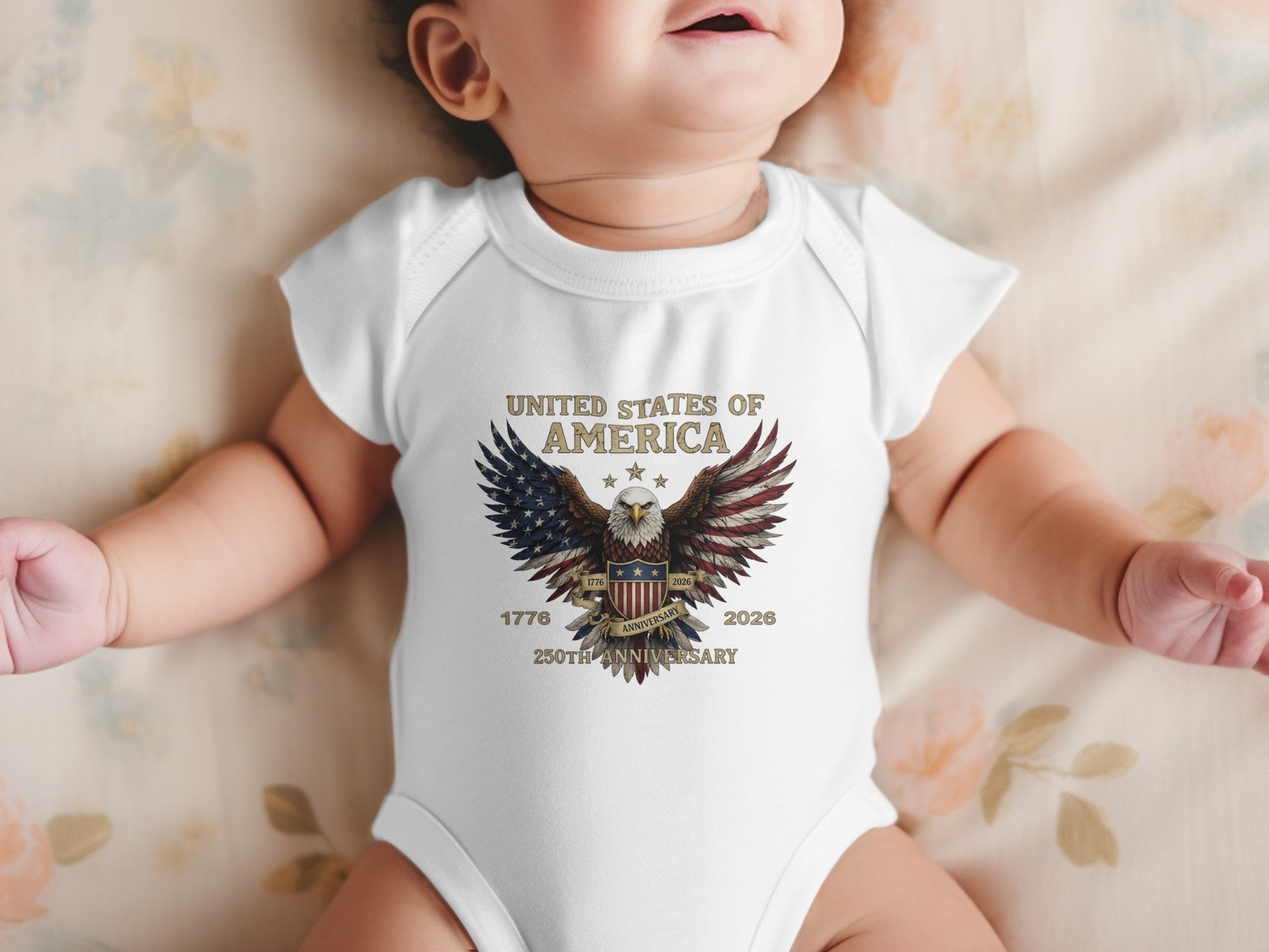 Baby bodysuit with eagle and "United States of America 250th Anniversary".