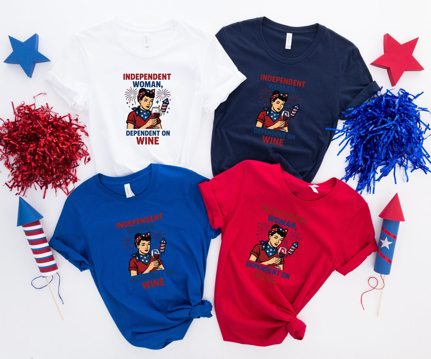 Four t-shirts with "Independent Woman, Dependent on Wine" text and illustration.