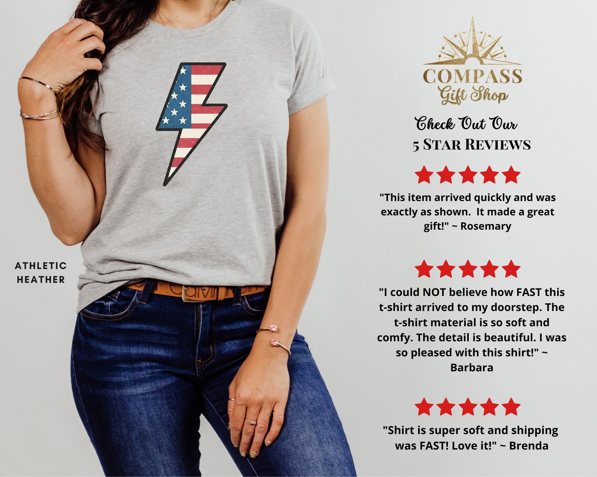 Grey t-shirt with red, white, and blue lightning bolt graphic.