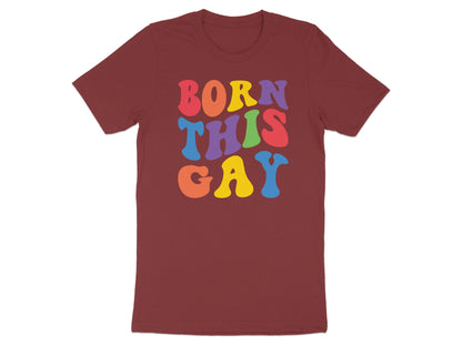 Burgundy t-shirt with "BORN THIS GAY" in colorful bubble letters.