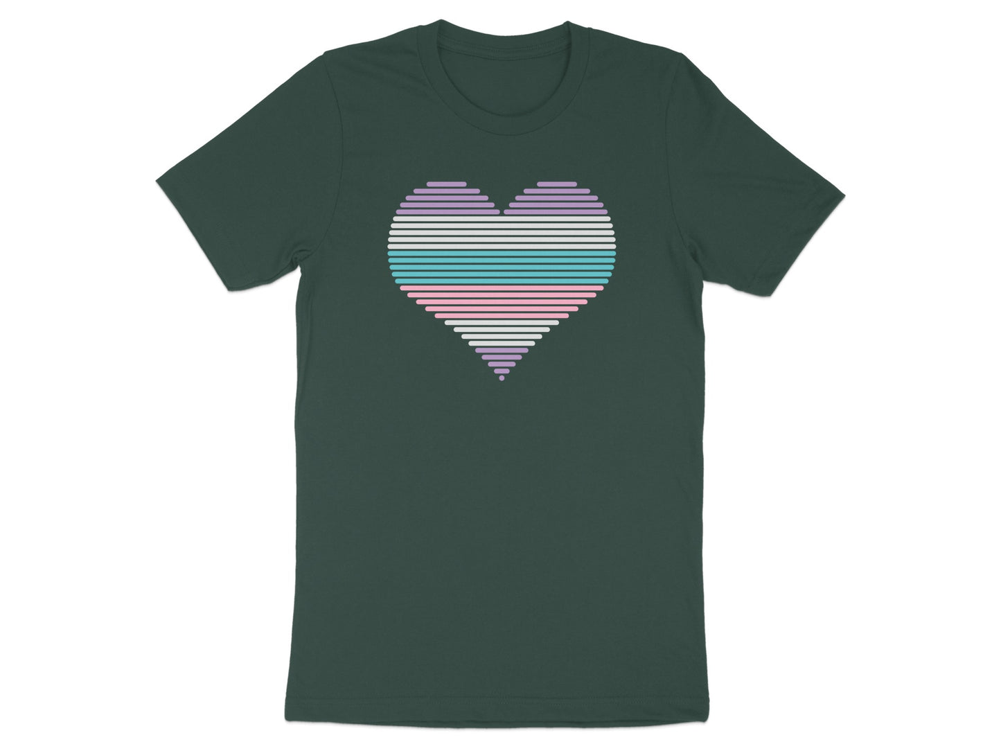 Dark green t-shirt with a horizontal striped heart graphic in pastel colors.
