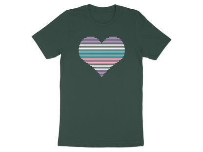 Dark green t-shirt with a horizontal striped heart graphic in pastel colors.