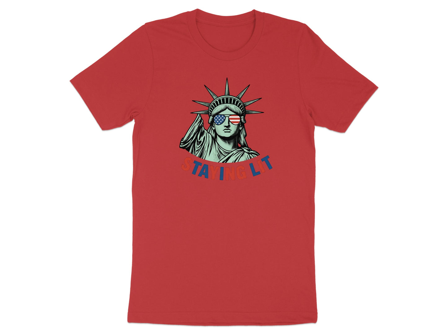Statue of Liberty wearing sunglasses with US flag design, text "STAYING LIT".