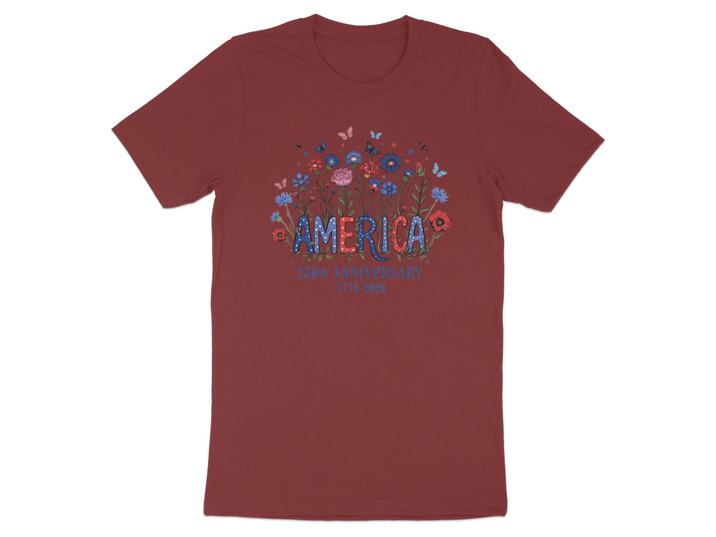 Maroon t-shirt with "America 250th Anniversary 1776-2026" and floral design.