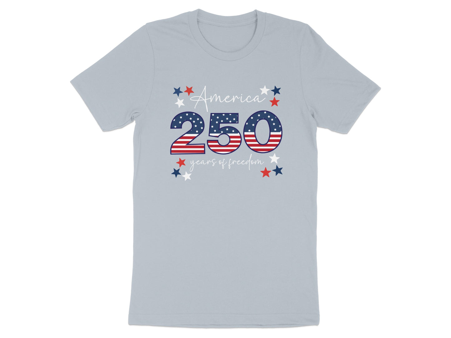 Light blue t-shirt with "America 250 years of freedom" text and stars.