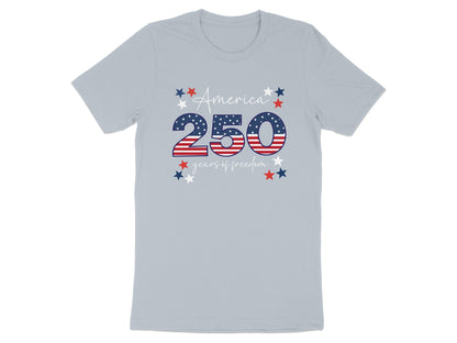 Light blue t-shirt with "America 250 years of freedom" text and stars.