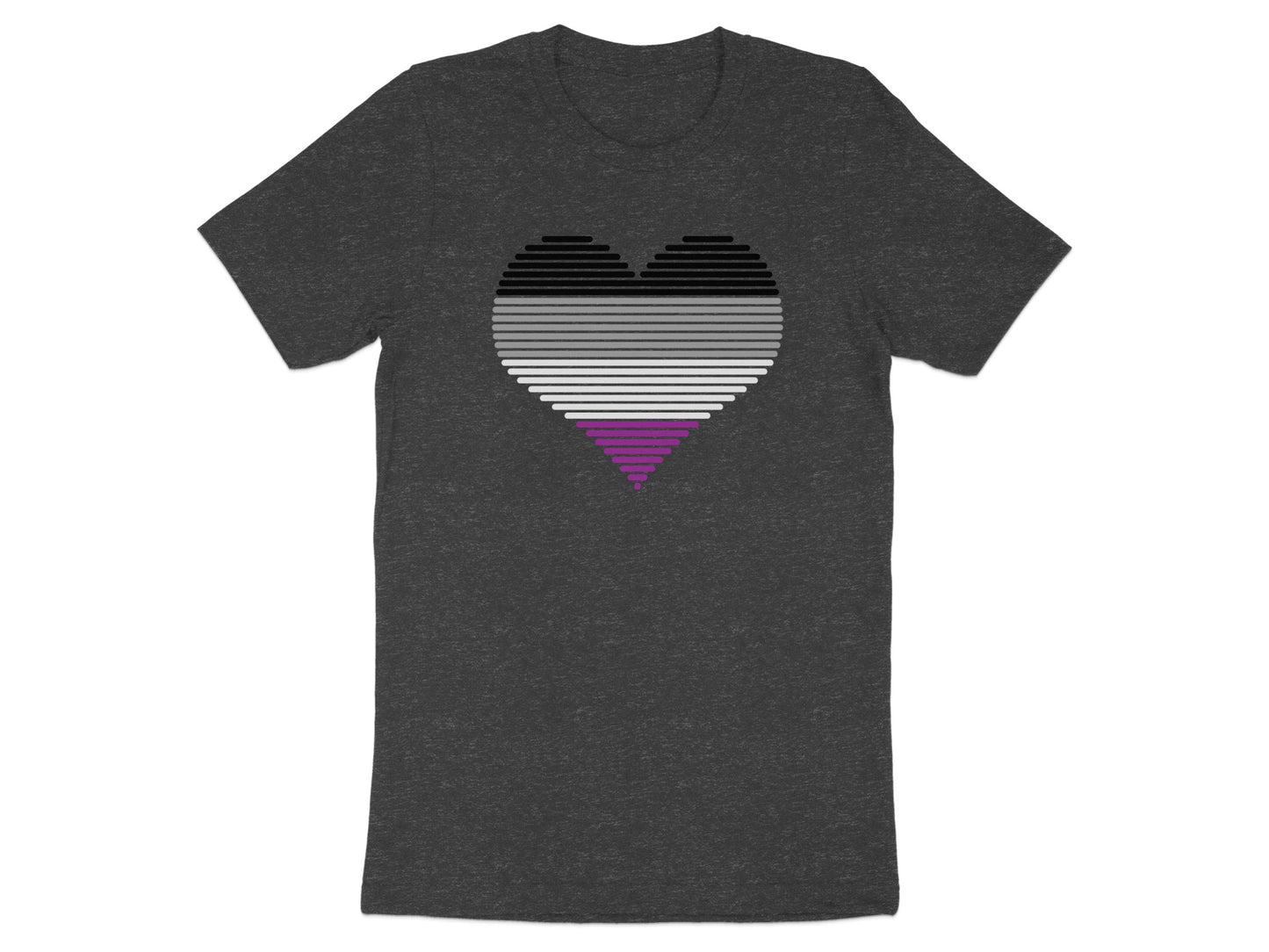 Dark t-shirt with a black, gray, white, and purple striped heart.