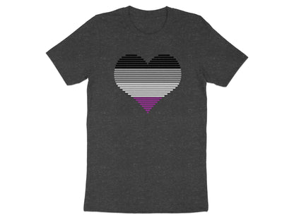 Dark t-shirt with a black, gray, white, and purple striped heart.