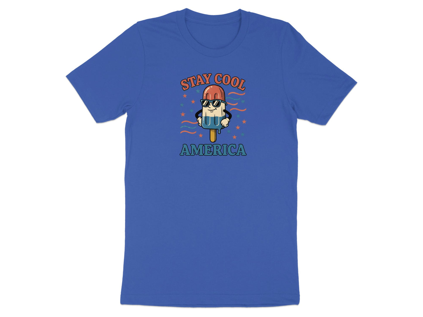 Blue t-shirt with cartoon popsicle wearing sunglasses, text "STAY COOL AMERICA".