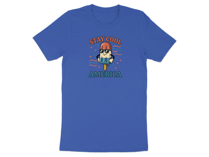 Blue t-shirt with cartoon popsicle wearing sunglasses, text "STAY COOL AMERICA".