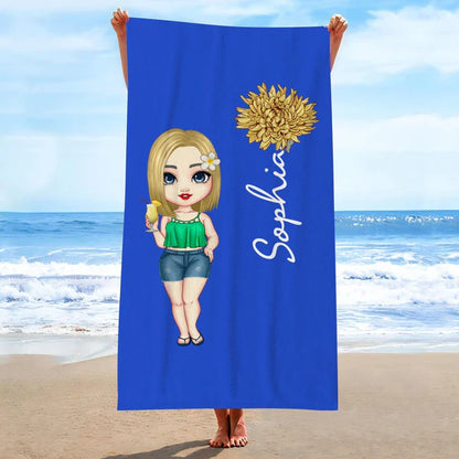 Custom Cartoon with Birth Flower Vacation Beach Towel