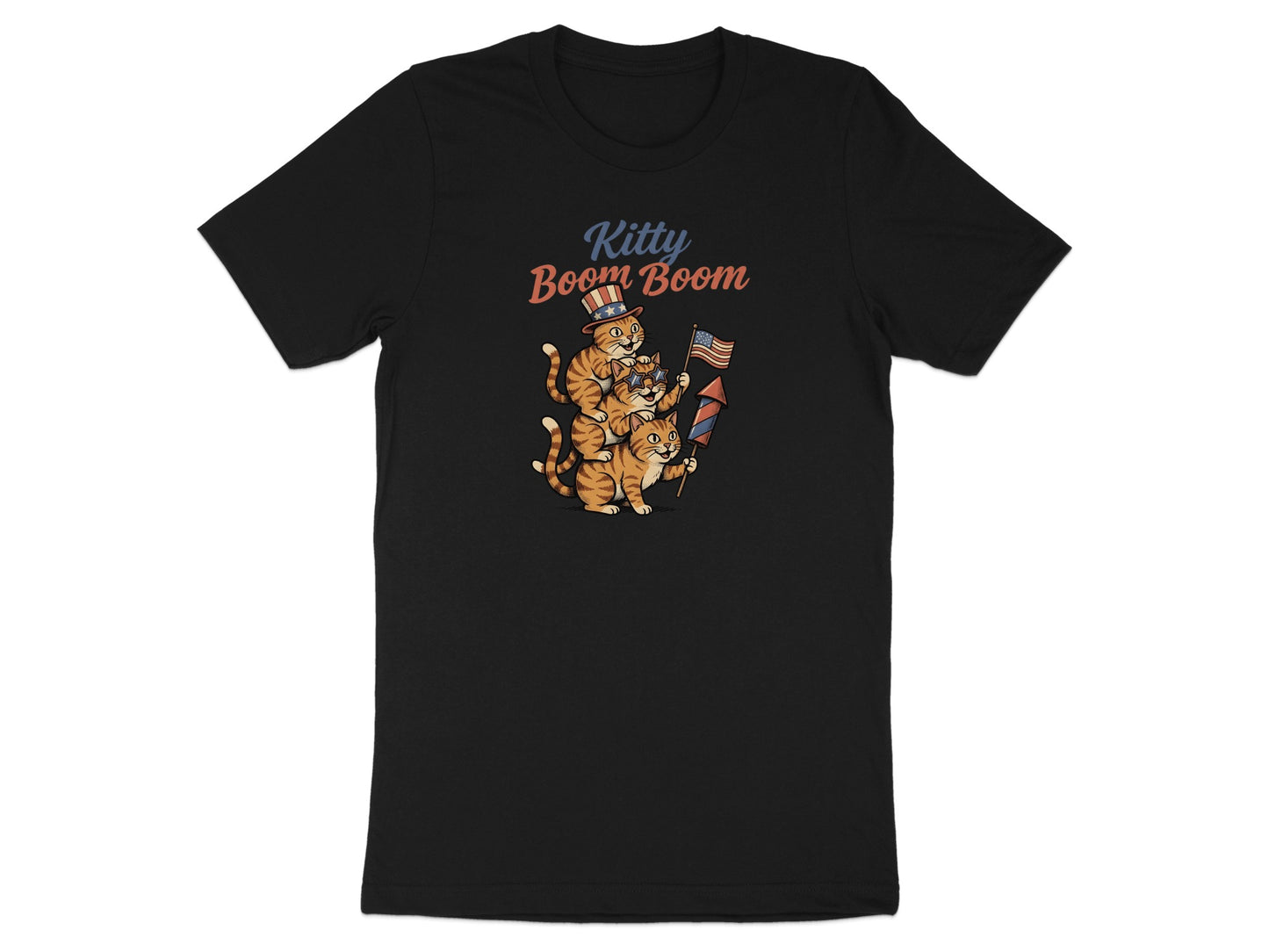 Black t-shirt with three cats in patriotic hats holding fireworks.