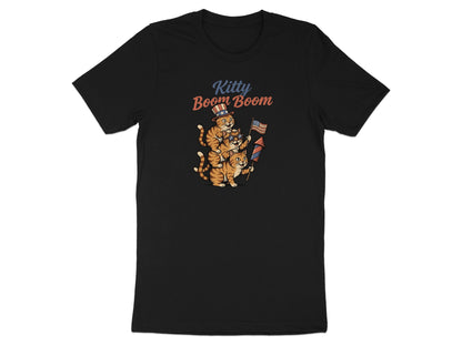 Black t-shirt with three cats in patriotic hats holding fireworks.