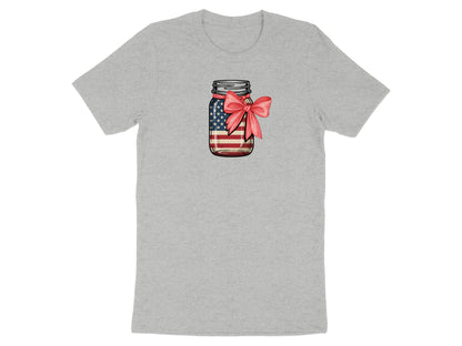 Mason jar with American flag and red ribbon design on grey t-shirt.