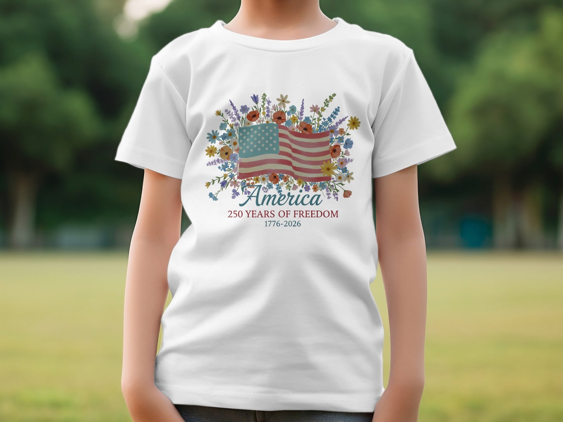 White t-shirt with "America 250 Years of Freedom 1776-2026" and floral flag.