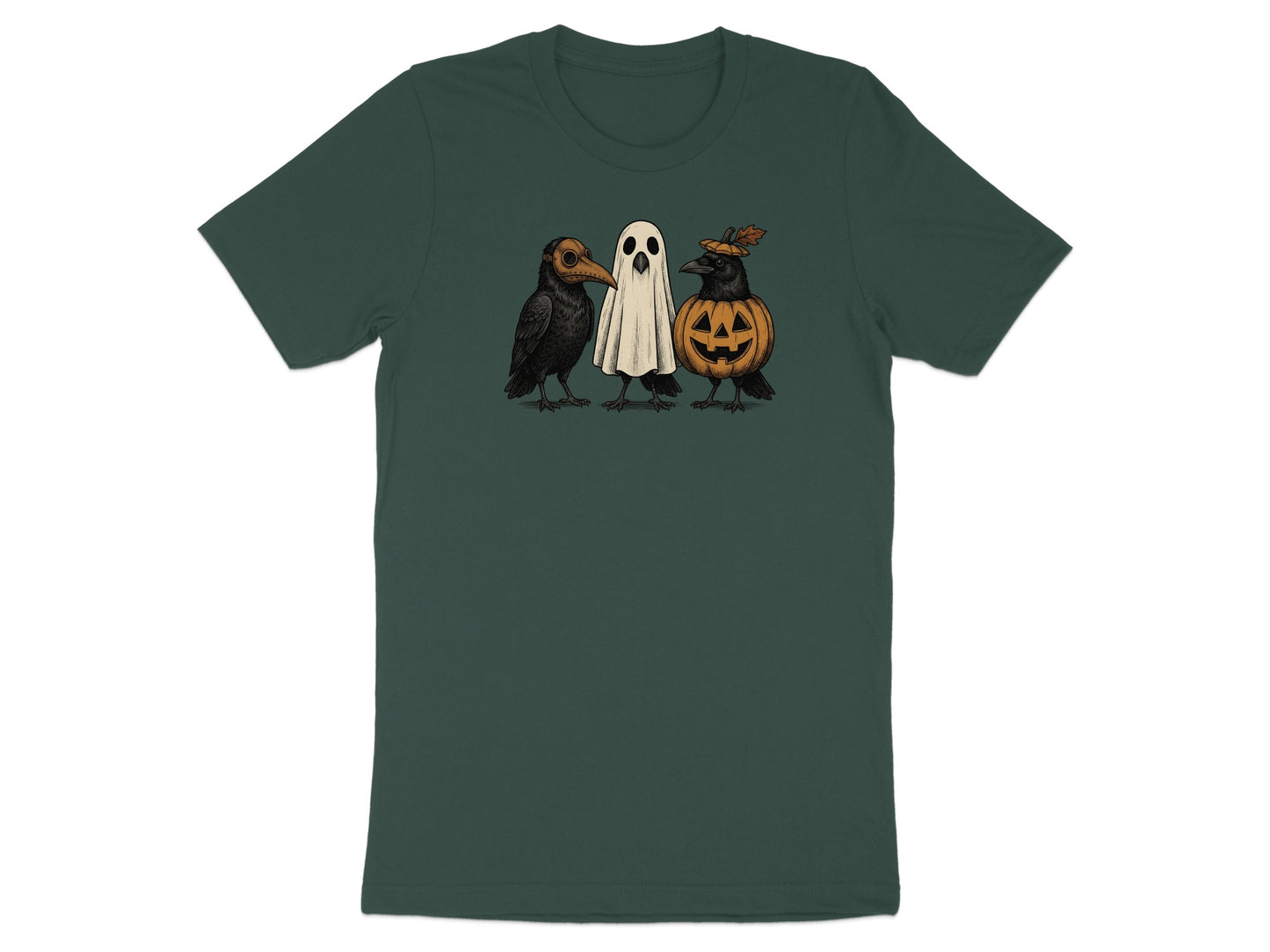 Illustration of three Halloween crows: one in plague doctor mask, one as a ghost, one as a jack-o'-lantern.