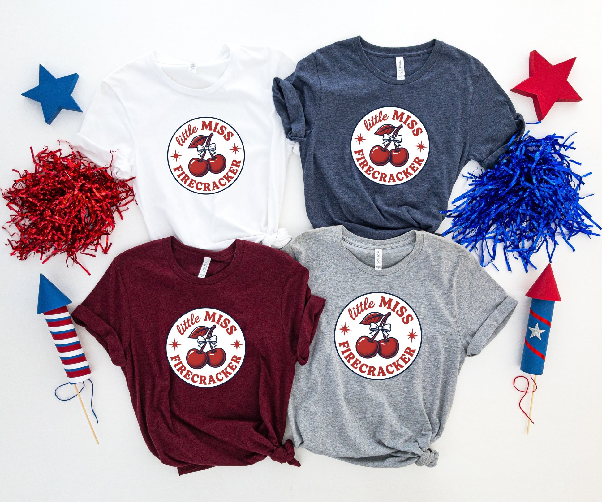 Four t-shirts with "little MISS FIRECRACKER" design and cherry graphic.