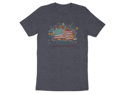 Dark grey t-shirt with floral American flag graphic and text.