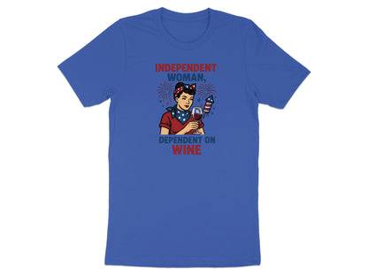 Blue t-shirt with "Independent Woman, Dependent on Wine" text and woman with firework.