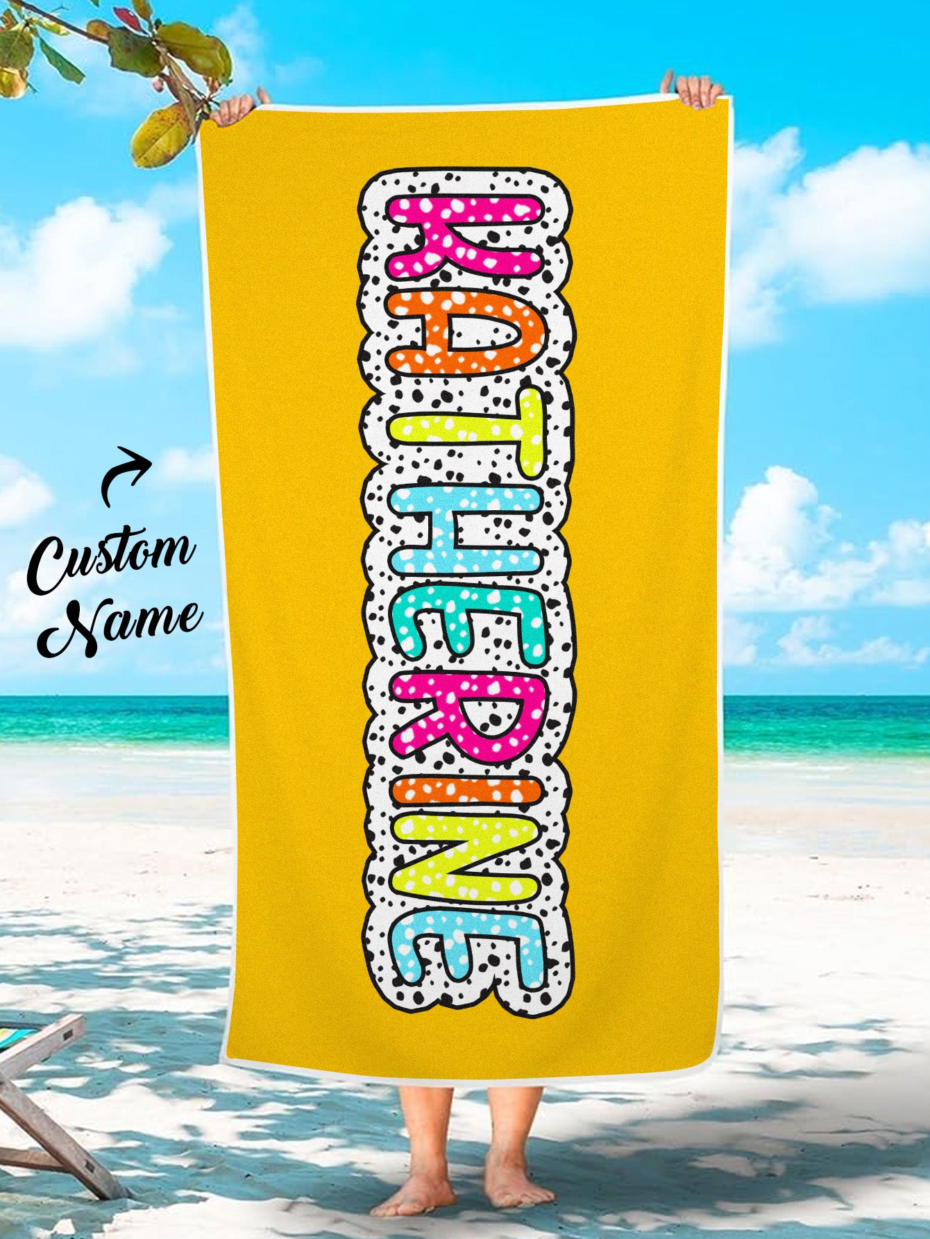 Dalmatian Dots Beach Towel with Personalized Rainbow Name