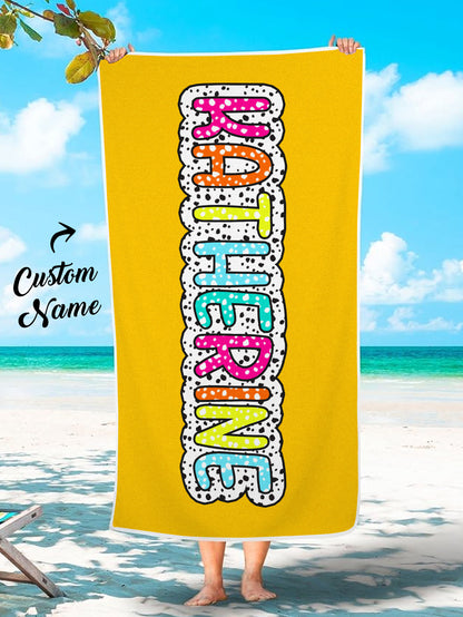 Dalmatian Dots Beach Towel with Personalized Rainbow Name