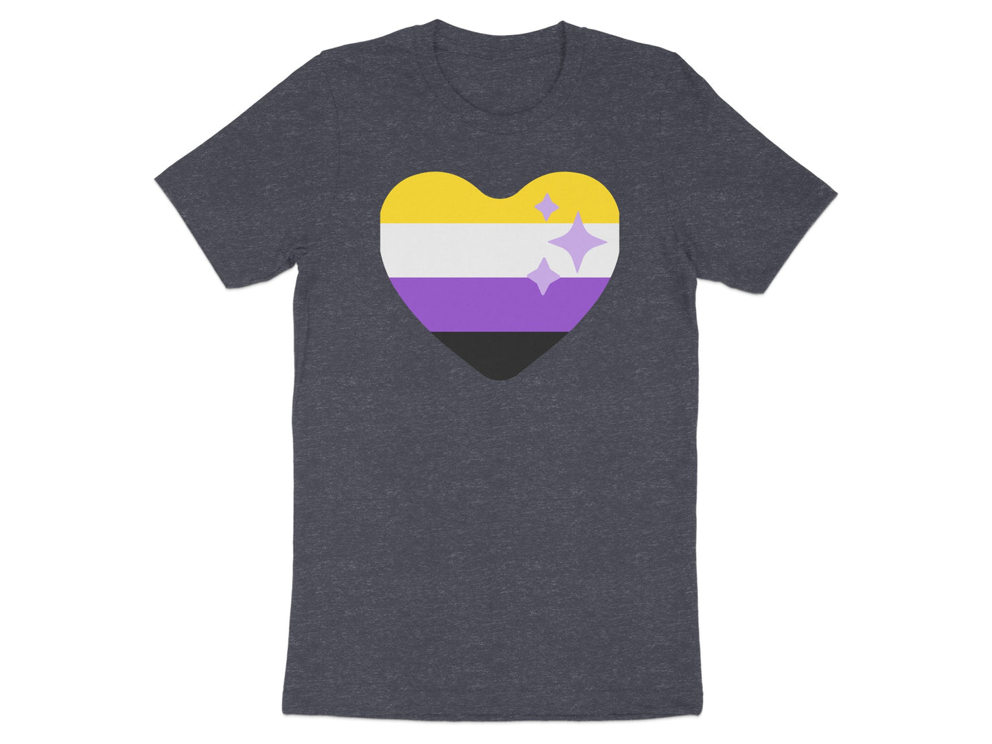 Dark t-shirt with a nonbinary pride flag heart and sparkles.