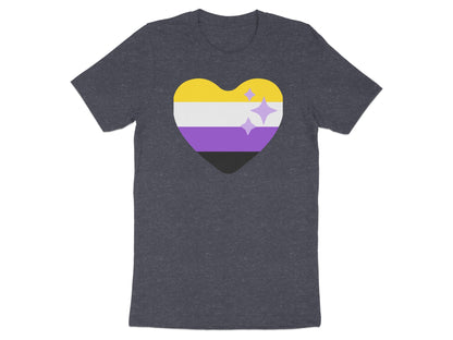 Dark t-shirt with a nonbinary pride flag heart and sparkles.