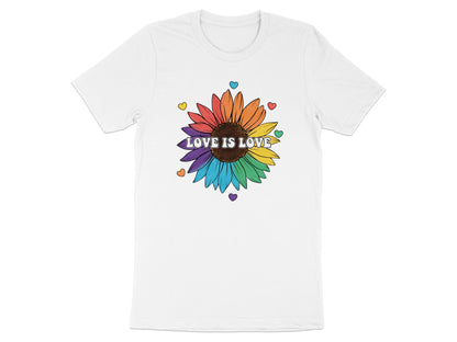 Sunflower with rainbow petals and "Love Is Love" text.