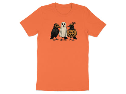 Orange t-shirt featuring three Halloween characters: plague doctor crow, ghost, and jack-o'-lantern crow.